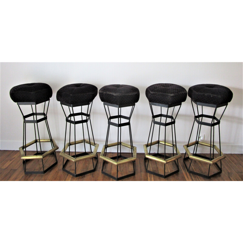 Set of 5 vintage brass and black metal bar stools, 1980s