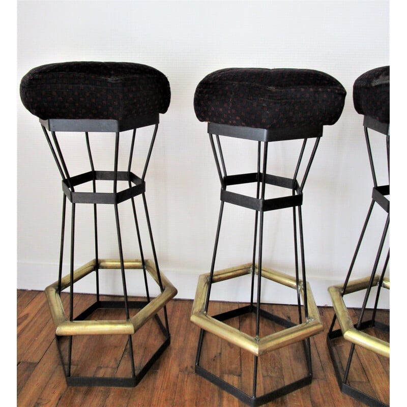 Set of 5 vintage brass and black metal bar stools, 1980s