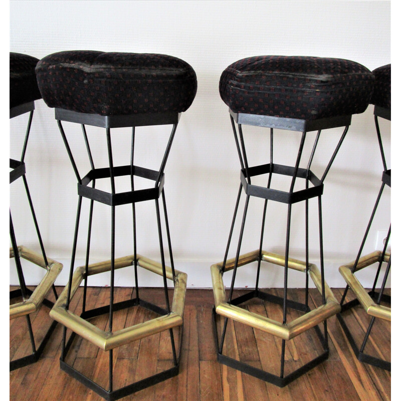 Set of 5 vintage brass and black metal bar stools, 1980s