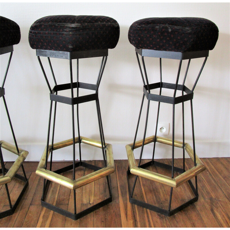 Set of 5 vintage brass and black metal bar stools, 1980s