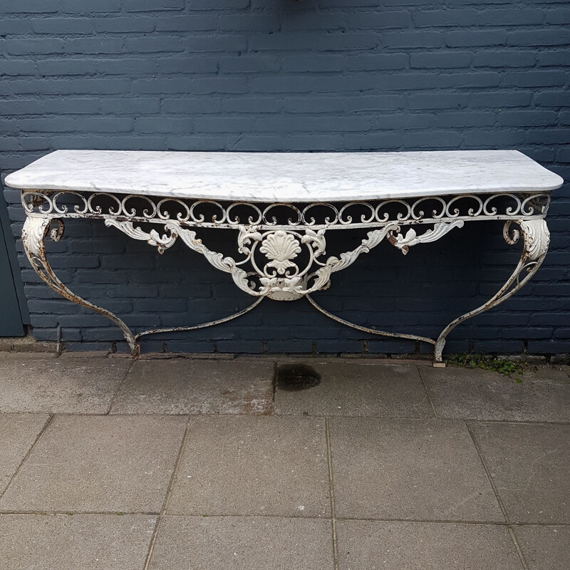 Table console vintage en fer forgé patiné et marbre, début du XXe siècle