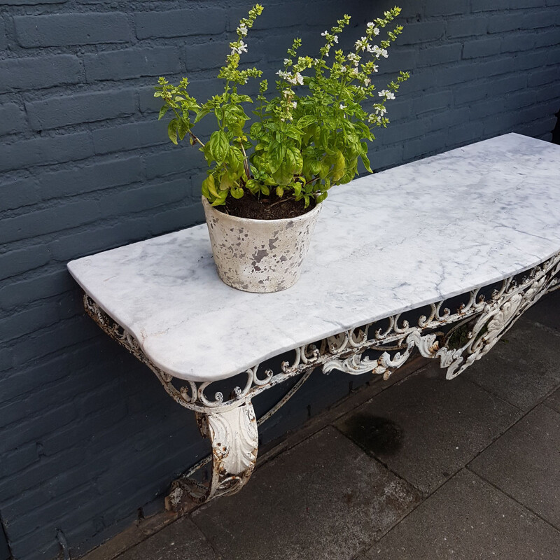 Vintage patinated wrought iron & marble console table, early 20th Century