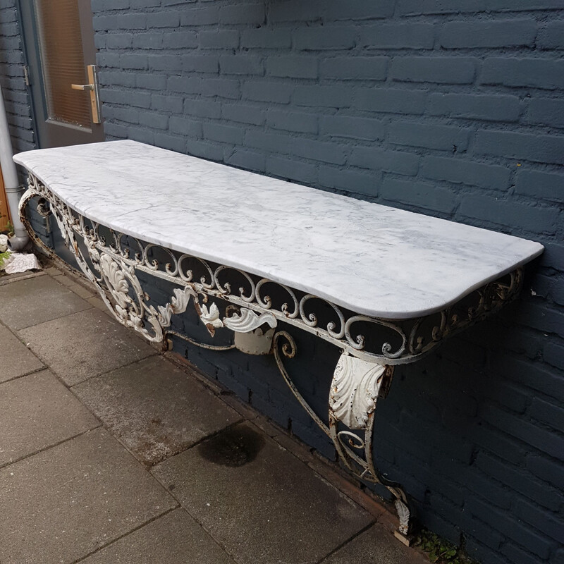 Vintage patinated wrought iron & marble console table, early 20th Century