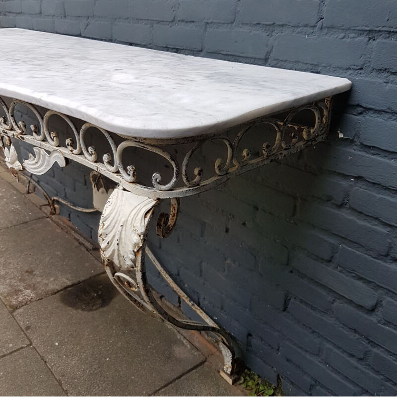 Vintage patinated wrought iron & marble console table, early 20th Century