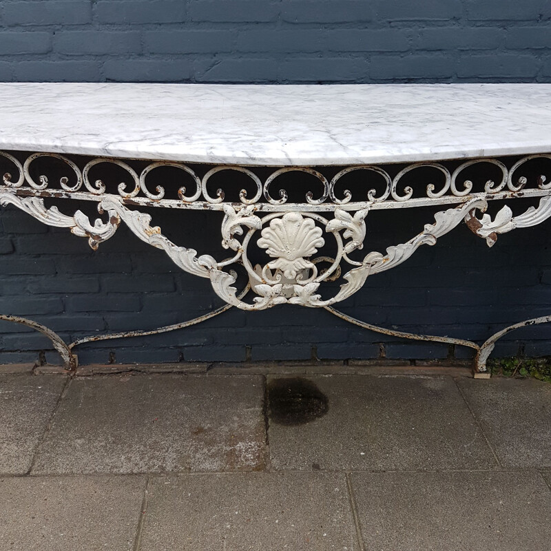 Table console vintage en fer forgé patiné et marbre, début du XXe siècle