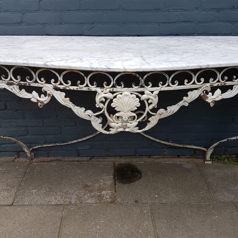 Vintage patinated wrought iron & marble console table, early 20th Century