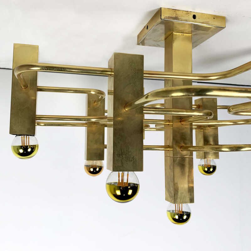 Vintage Brass Chandelier 9 Lights by Gaetano Sciolari for Sciolari, 1960s