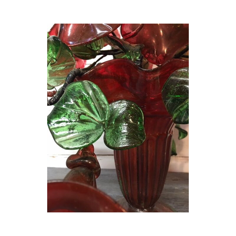 Grand bouquet de fleurs vintage en verre et son vase 1960