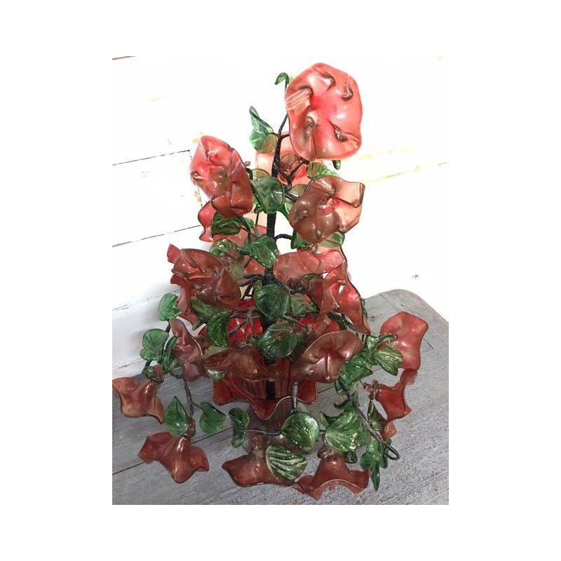Grand bouquet de fleurs vintage en verre et son vase 1960