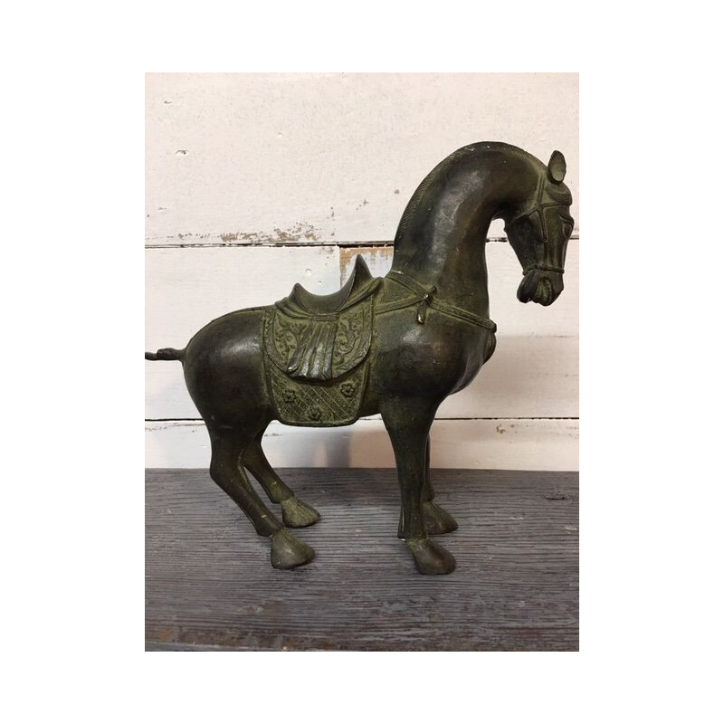 Sculpture cheval vintage en bronze patine verte