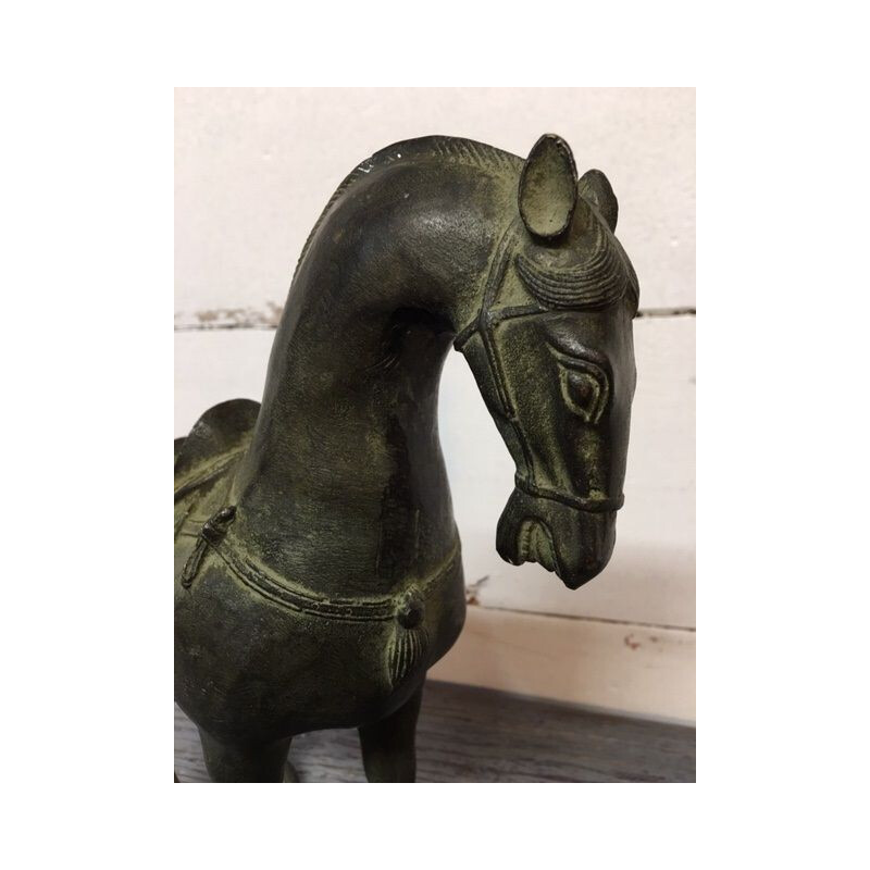 Sculpture cheval vintage en bronze patine verte