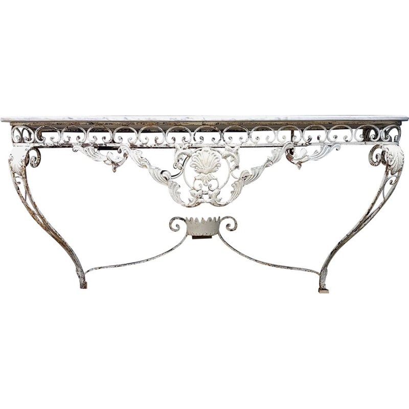 Vintage patinated wrought iron & marble console table, early 20th Century