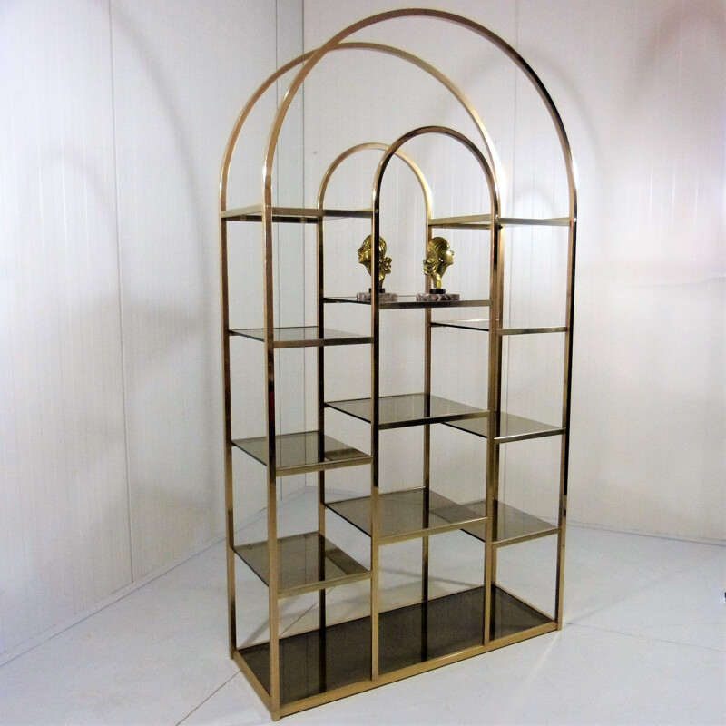 Large vintage brass & smoked glass display 1960s