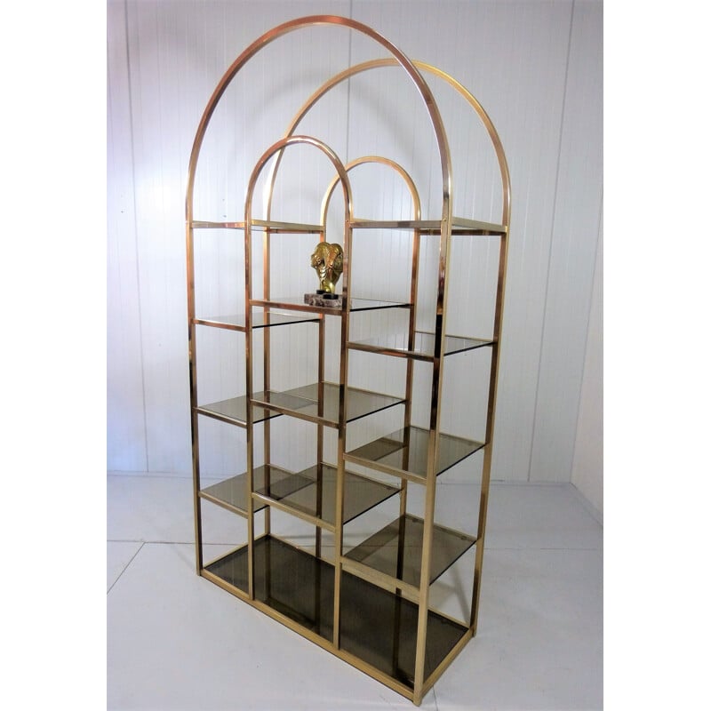 Large vintage brass & smoked glass display 1960s