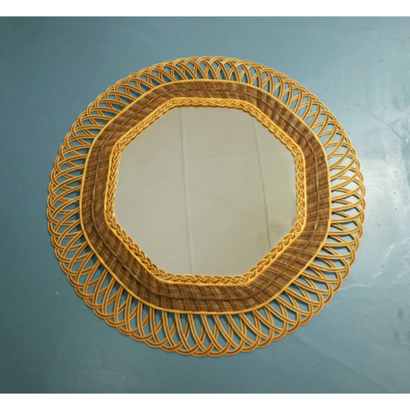 Octagonal rattan rim vintage mirror - 1960s