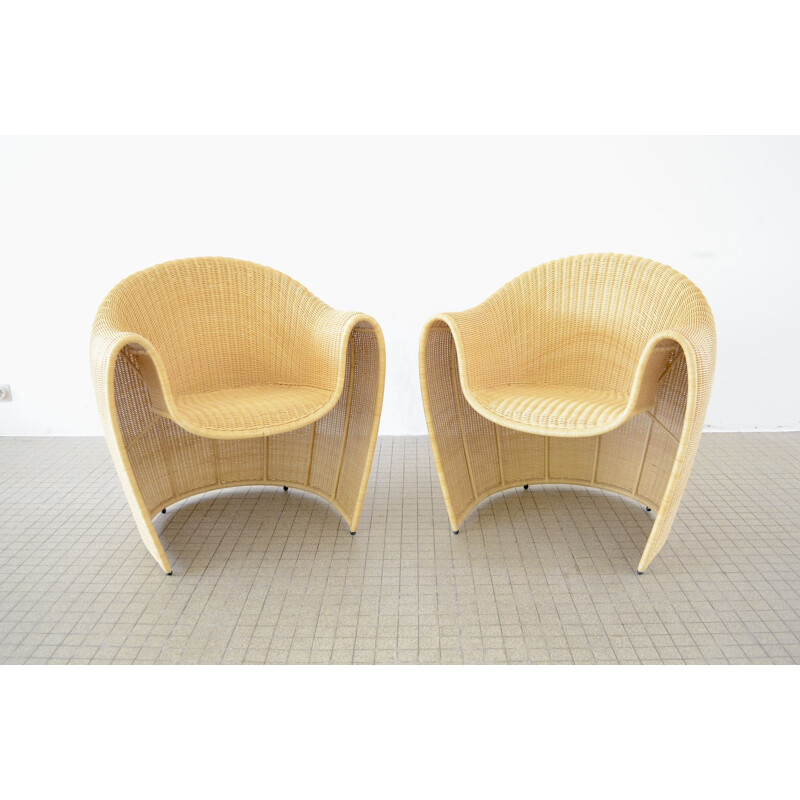 Pair of vintage  Driade King Tubby rattan armchairs by Miki Astori