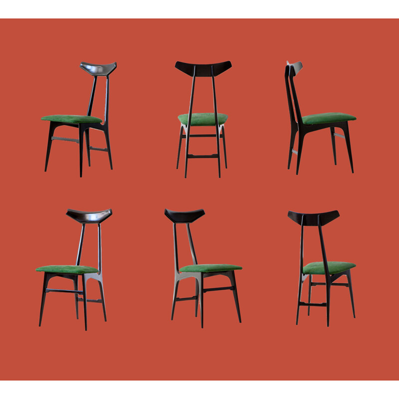 Set of  6 Vintage Dining Chairs,Green Suede Leather Italian  1950s
