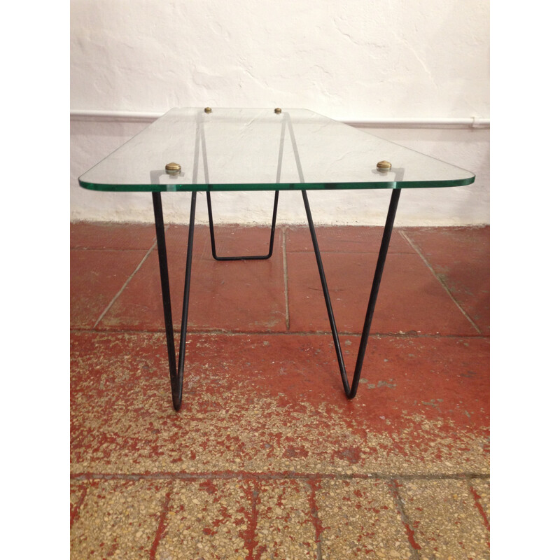 Table basse vintage en verre et métal - 1950