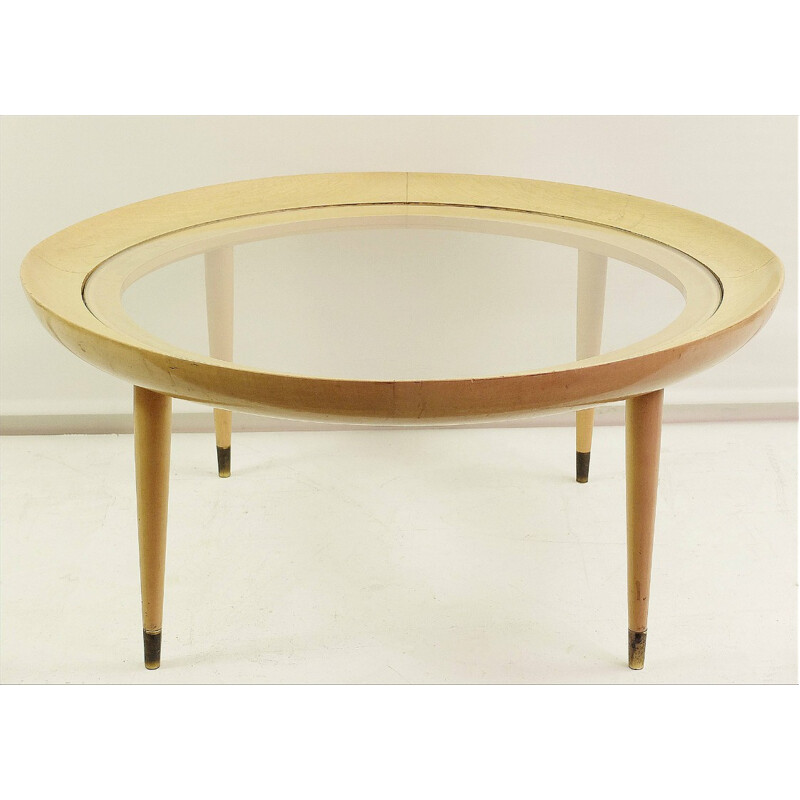 Vintage round coffee table in wood, glass and brass, 1950