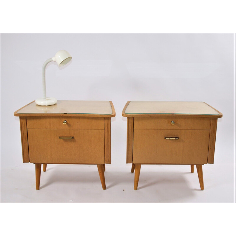 Pair of bedside tables with glass top German 1960s