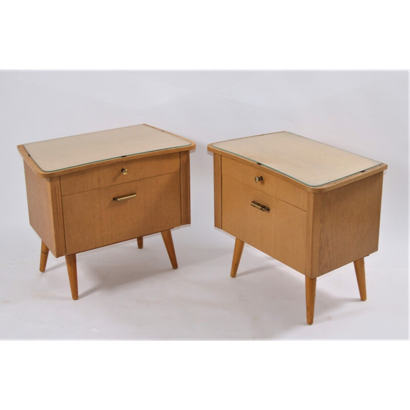 Pair of bedside tables with glass top German 1960s