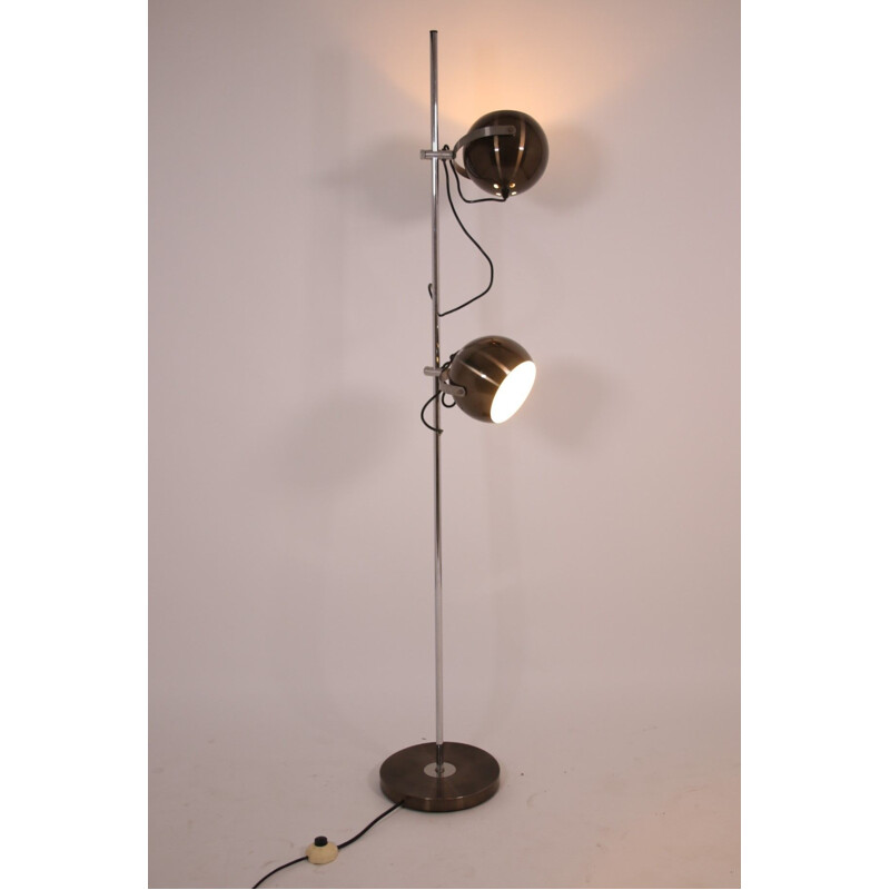 Lampadaire vintage Herda chromé avec lampes à globe oculaire réglable 1946