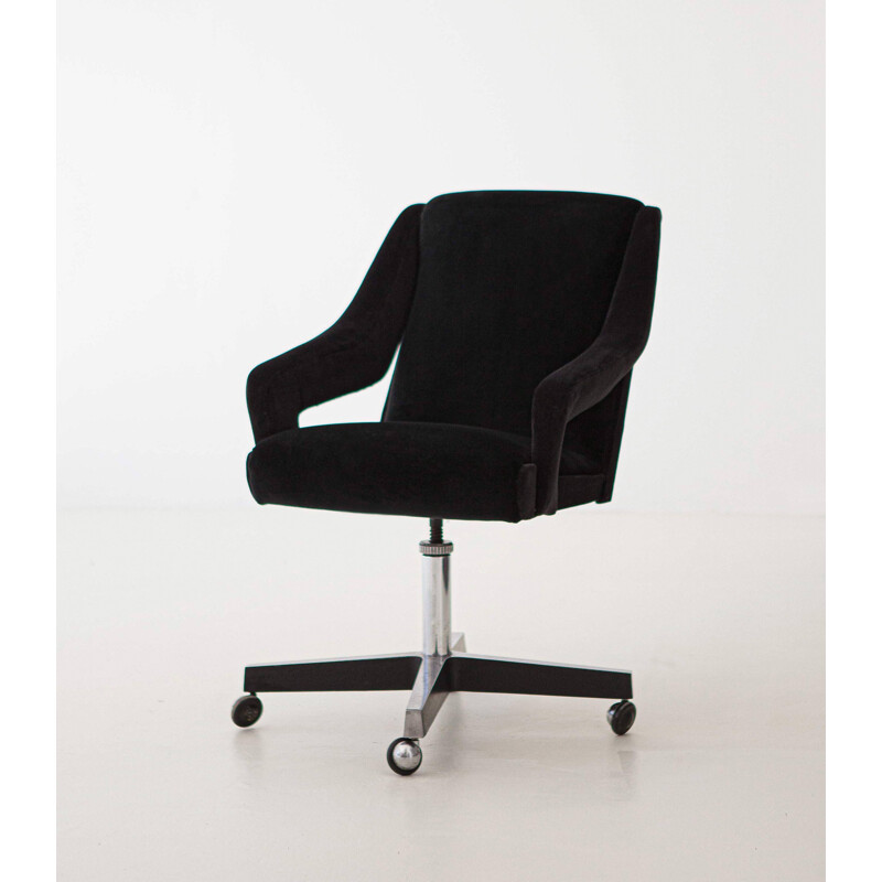 Vintage Black Velvet and Steel Swivel Desk Chair, Italian 1950s