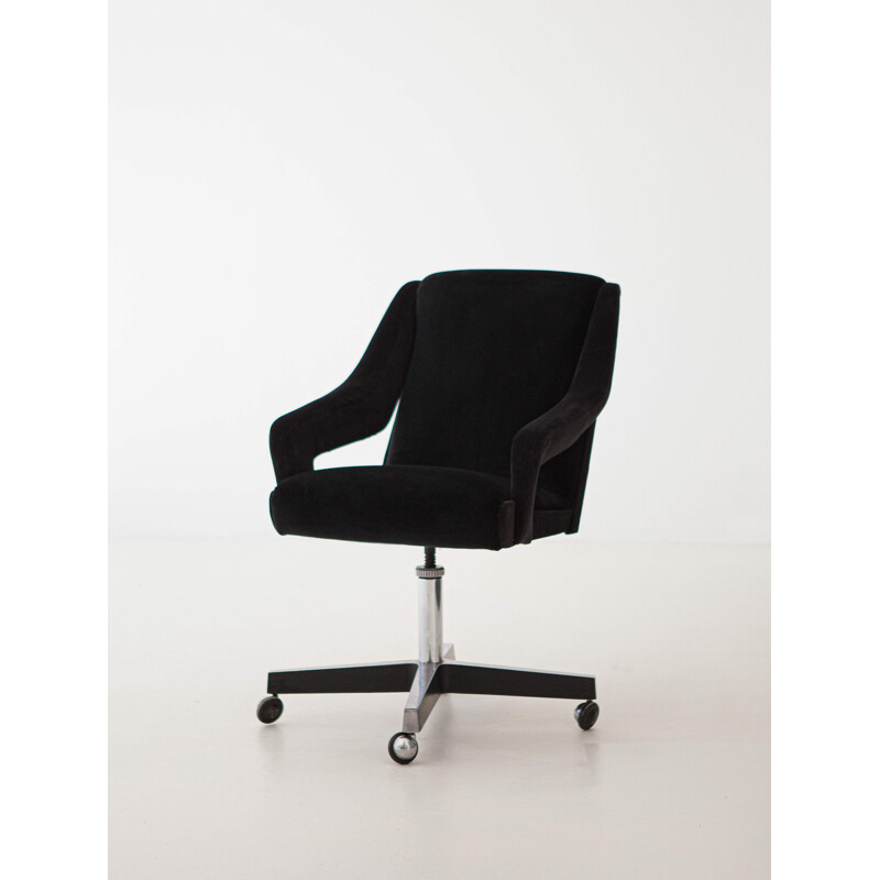 Vintage Black Velvet and Steel Swivel Desk Chair, Italian 1950s