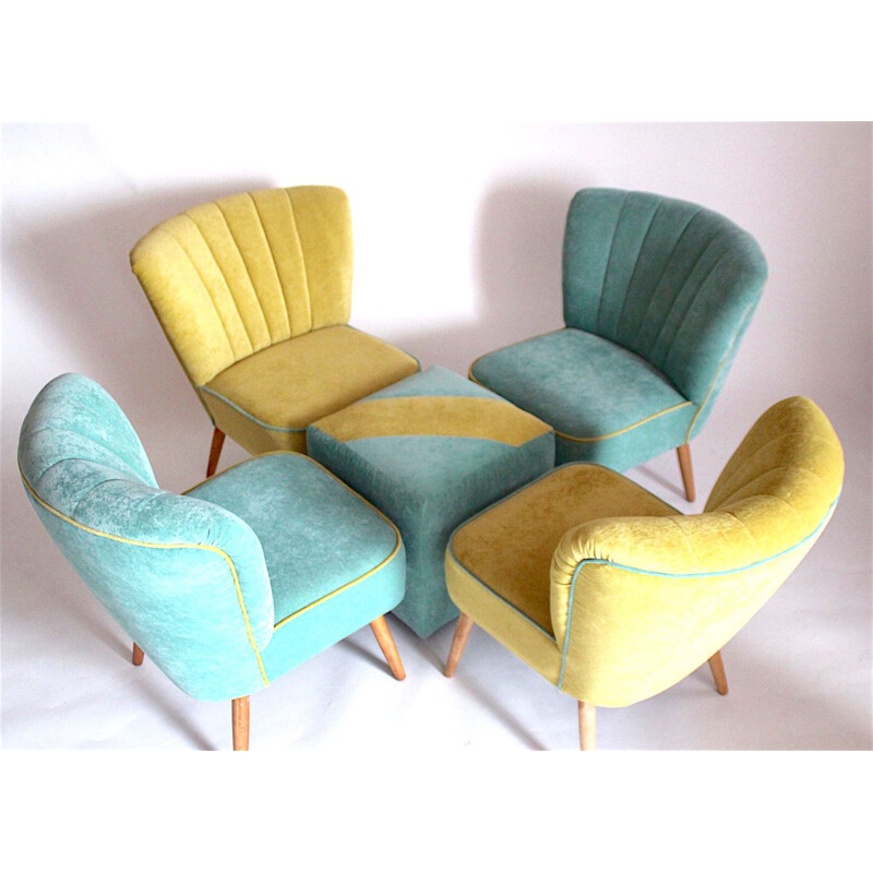 Set of 4 ladies chairs vintage with footstool, 1960s