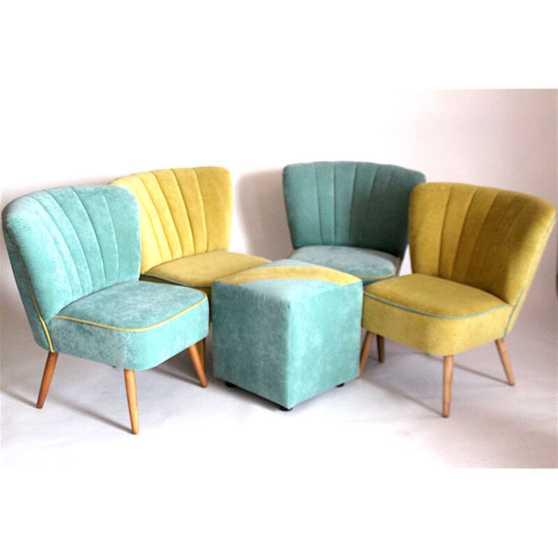 Set of 4 ladies chairs vintage with footstool, 1960s