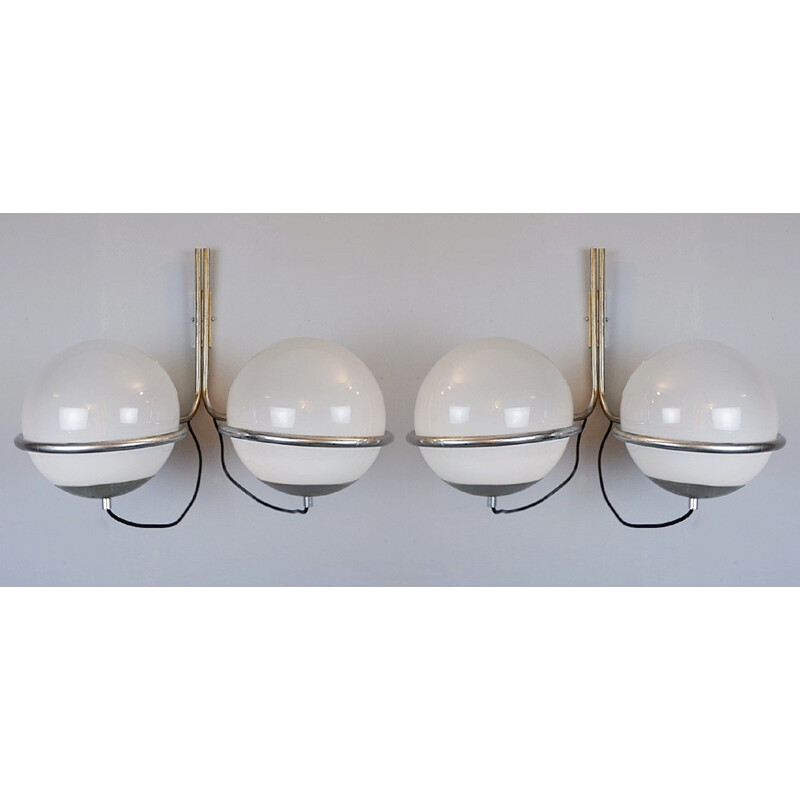 Pair of vintage double globe sconces in chrome and glass, Italy