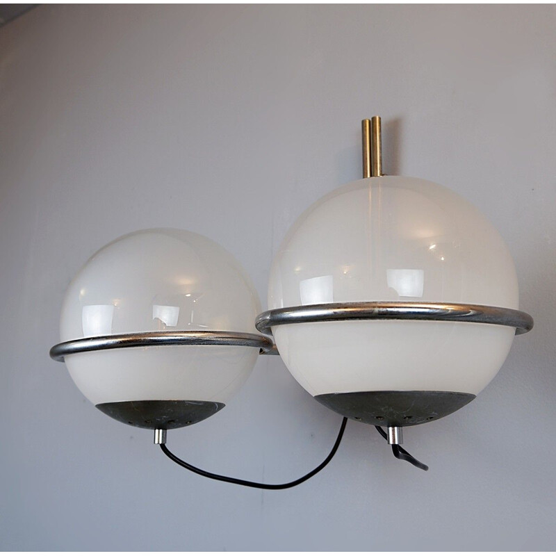 Pair of vintage double globe sconces in chrome and glass, Italy
