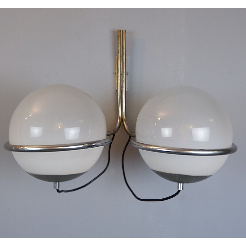 Pareja de apliques vintage de doble esfera, cromo y cristal, Italia