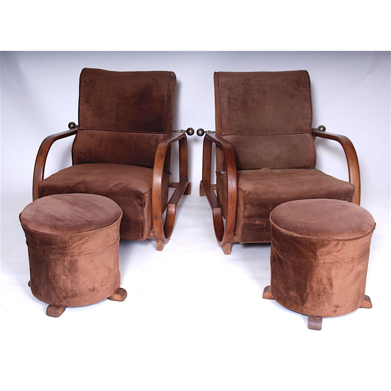 Paar vintage houten en stoffen fauteuils, Tsjechoslowakije 1920