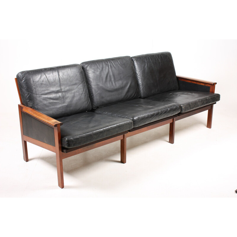 Eilersen 3-seater Scandinavian sofa in black leather, Illum WIKKELSO - 1950s