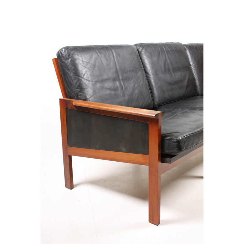 Eilersen 3-seater Scandinavian sofa in black leather, Illum WIKKELSO - 1950s