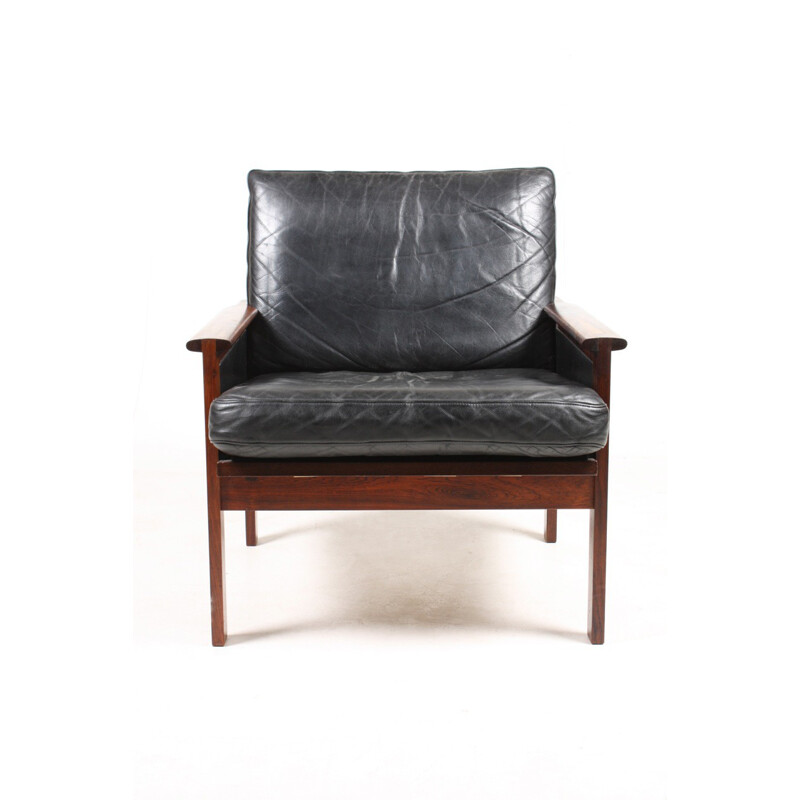 Eilersen Scandinavian "Capella" armchair in black leather, Illum WIKKELSO - 1950s