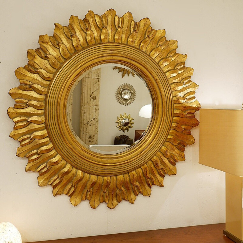 Large vintage gilded wood sun mirror
