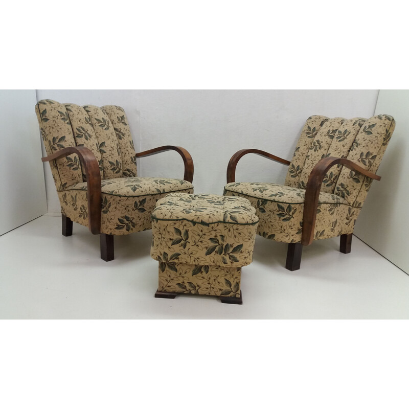 Pair of vintage wood and fabric armchairs by Jindřich Halabala for UP Závody Brno, Czechoslovakia 1935