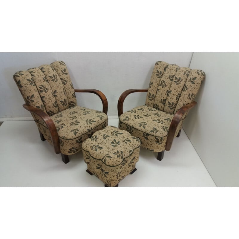 Pair of vintage wood and fabric armchairs by Jindřich Halabala for UP Závody Brno, Czechoslovakia 1935