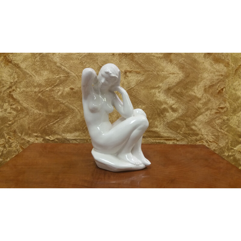 Vintage ceramic sculpture of a seated nude woman by Art Deco, Czechoslovakia 1940