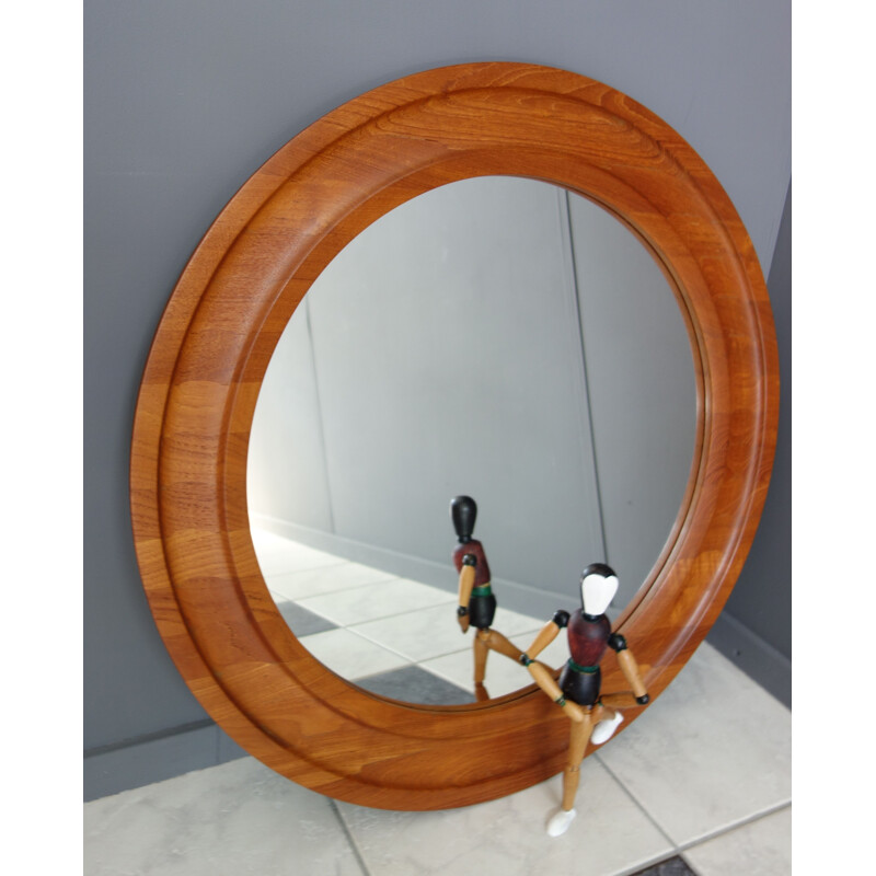 Big vintage round Teak mirror Madsten Denmark 1970s