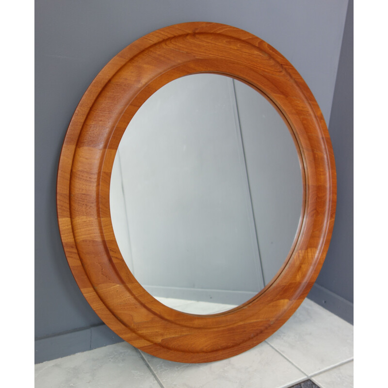 Big vintage round Teak mirror Madsten Denmark 1970s