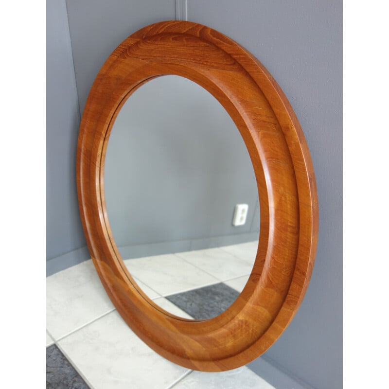 Big vintage round Teak mirror Madsten Denmark 1970s