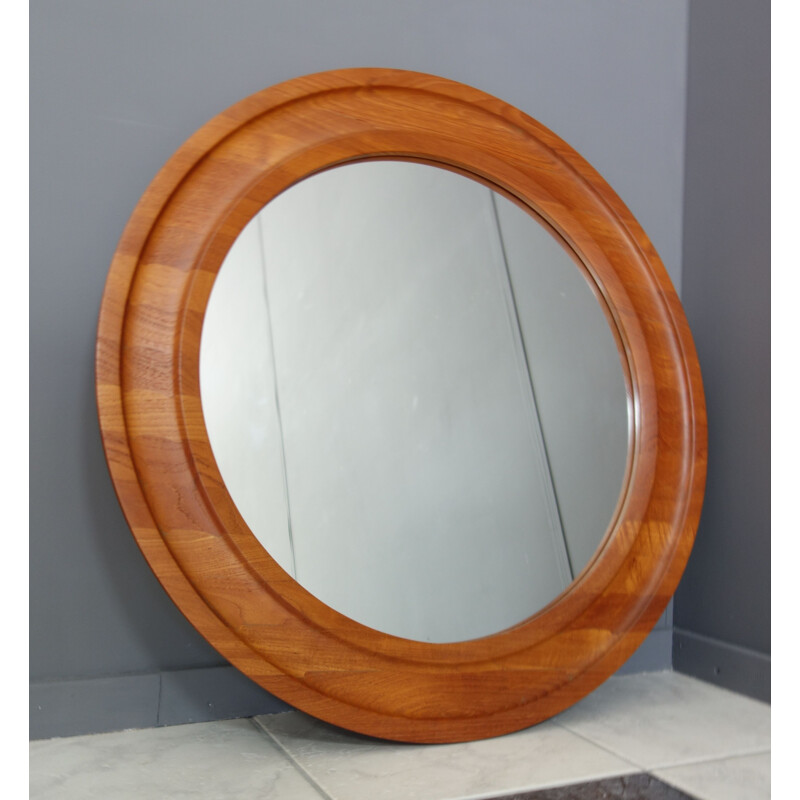 Big vintage round Teak mirror Madsten Denmark 1970s