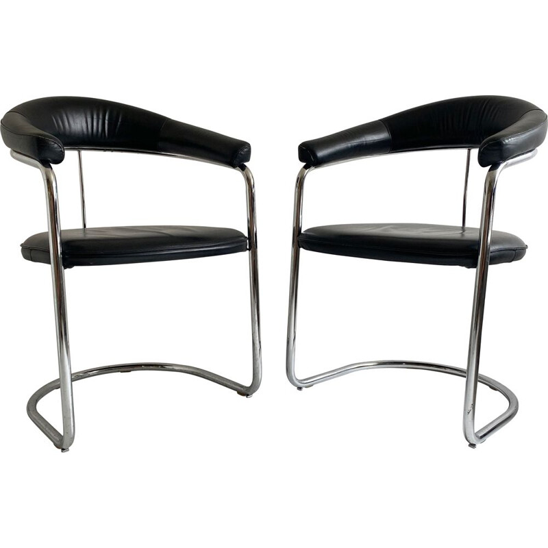 Paire de chaises vintage cantilever en cuir et chrome Anton Lorenz Bauhaus