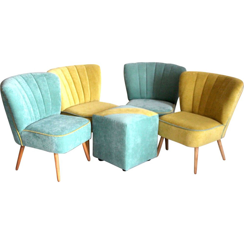 Set of 4 ladies chairs vintage with footstool, 1960s