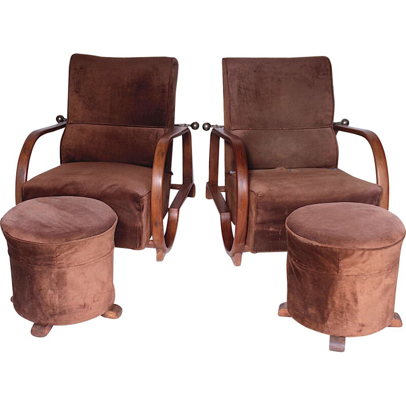 Pair of vintage armchairs in wood and fabric, Czechoslovakia 1920