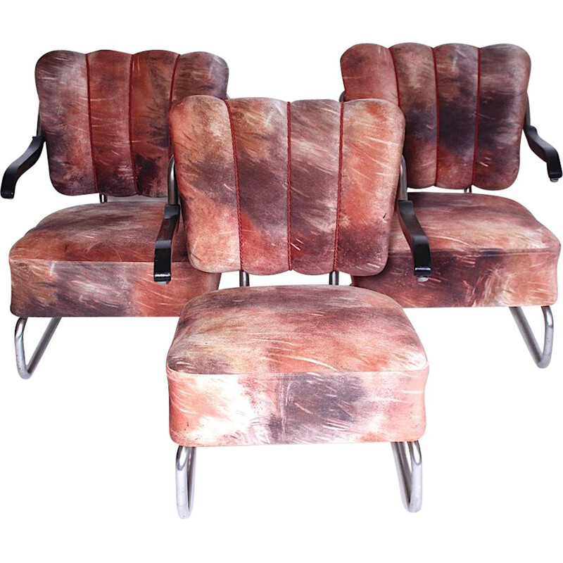 Ensemble de 3 fauteuils vintage en bois et tissu par Mucke Melder, Tchécoslovaquie 1930