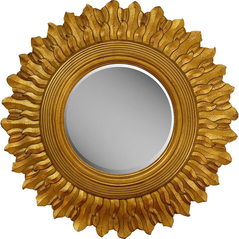 Grand miroir vintage soleil en bois doré